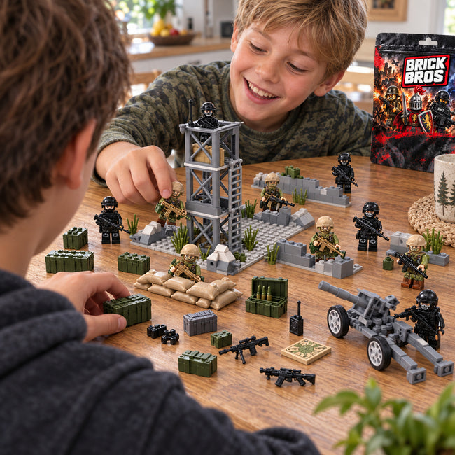 Illustrative over-the-shoulder lifestyle scene of kids playing with Brick Bros figures, a watchtower and field howitzer on a table; scene is inspiration and not exact monthly contents.