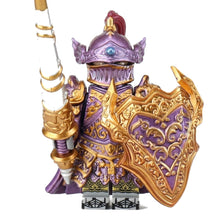 Purple and Gold Armored Lancelot with Spear and Shield Minifigure on white background