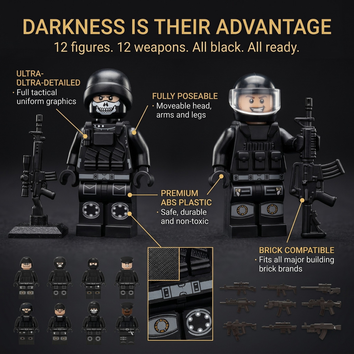 SWAT Special Ops Night Unit — 12 All-Black Figures