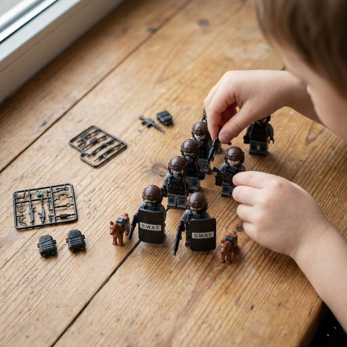 Grey SWAT Tactical Squad with K9 units arranged for play, scenery not included