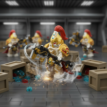 Imperial sentinel minifigure with a gun-axe in close combat on a brick-built sci-fi hangar deck