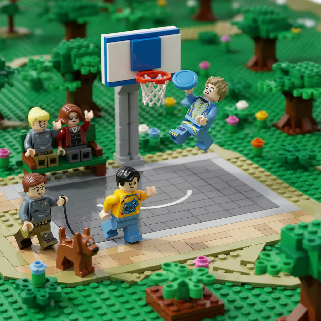 Modern People minifigures playing at a brick-built park basketball court