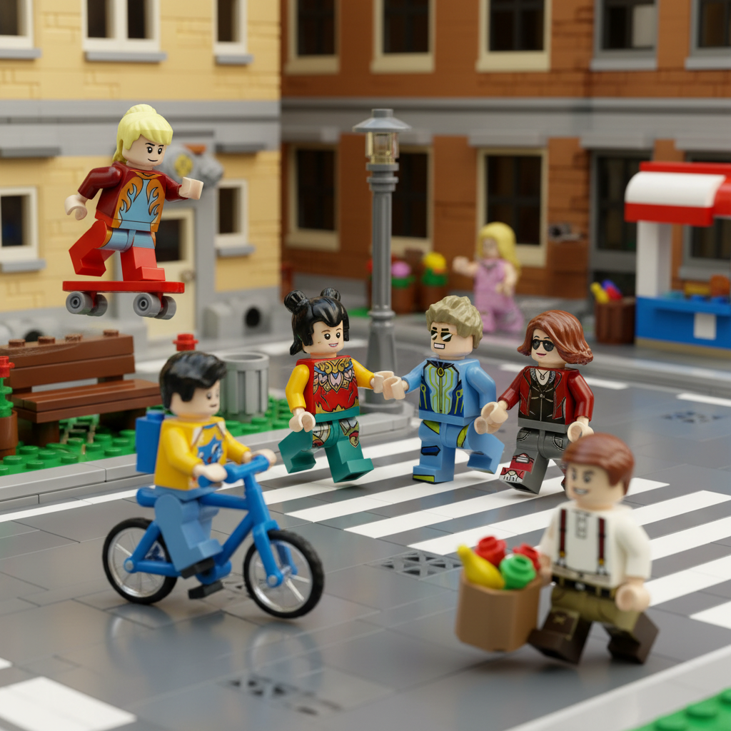 Modern People minifigures skating, biking and crossing a brick-built city street