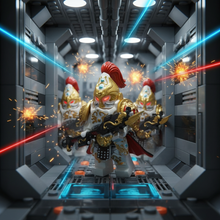 Imperial sentinel minifigure with winged gun-spear advancing through a brick-built sci-fi corridor firefight