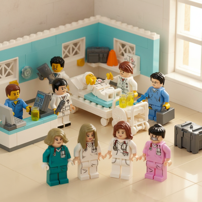 Doctor and nurse minifigures in a brick-built hospital ward