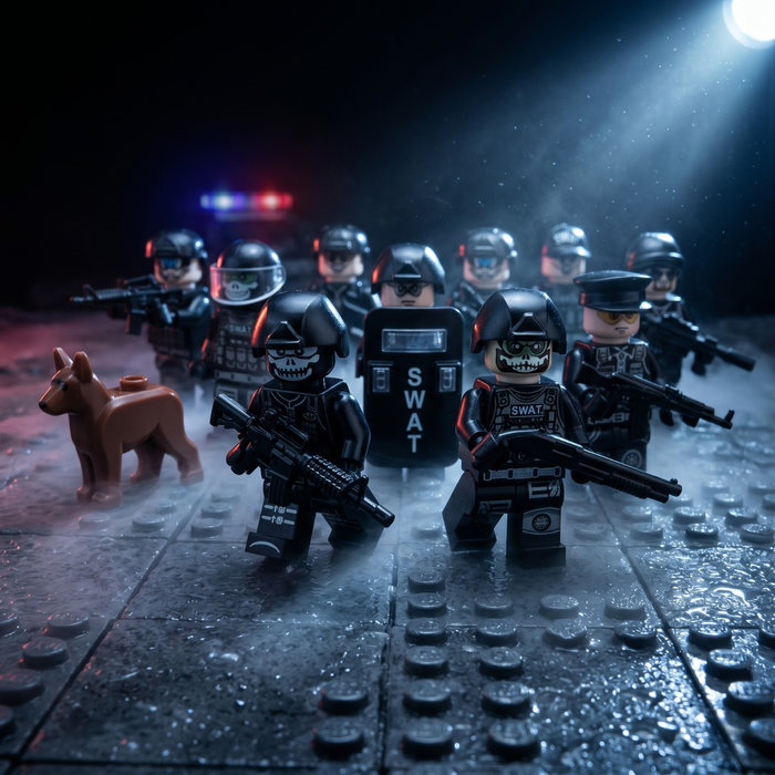 SWAT Police Mega Set deployed with shields and K9 under night lighting, scenery not included