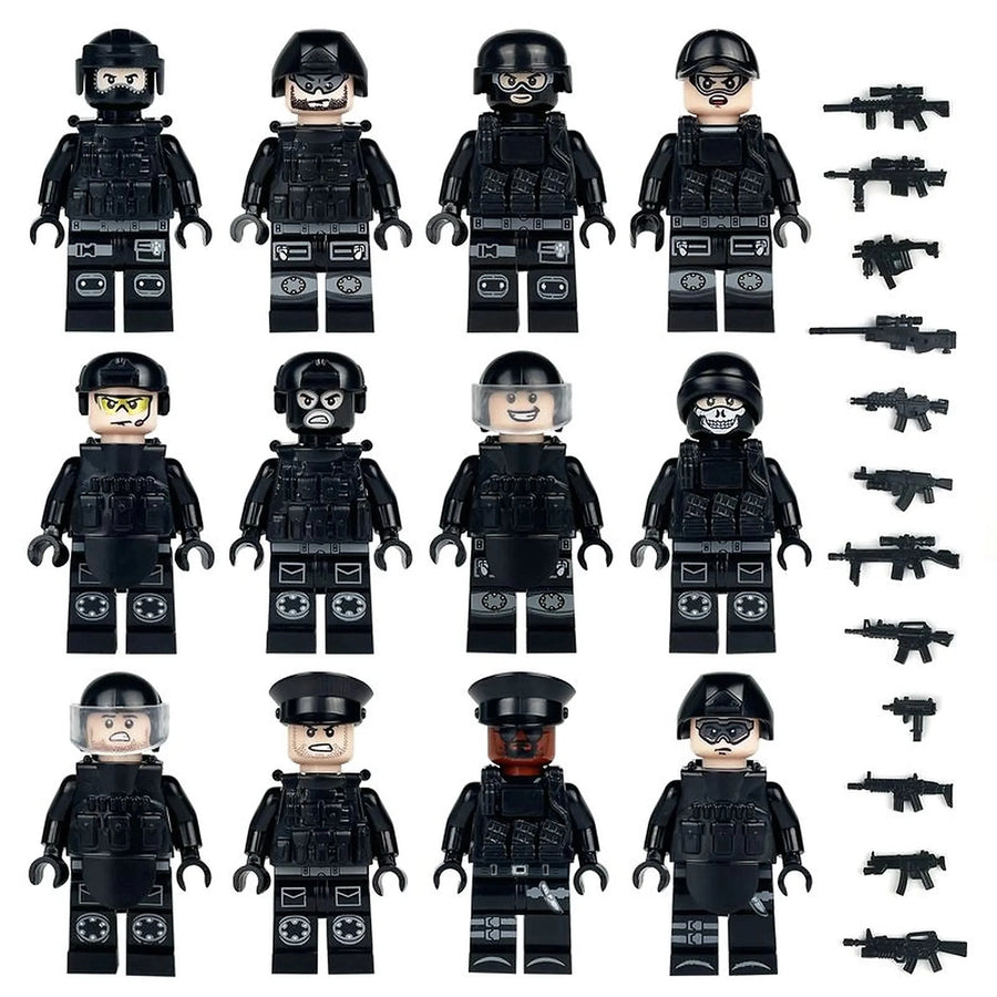 SWAT Special Ops Night Unit, 12 black tactical figures and accessories