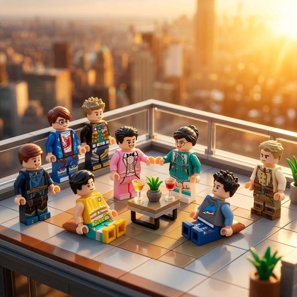 Eight Urban Style Fashion Series characters gathering on a rooftop at sunset, scenery not included