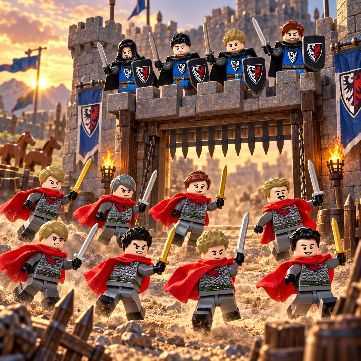 Medieval Knights 12 Figure Army Set — twelve knights in a castle-gate battle; illustrative scenery not included