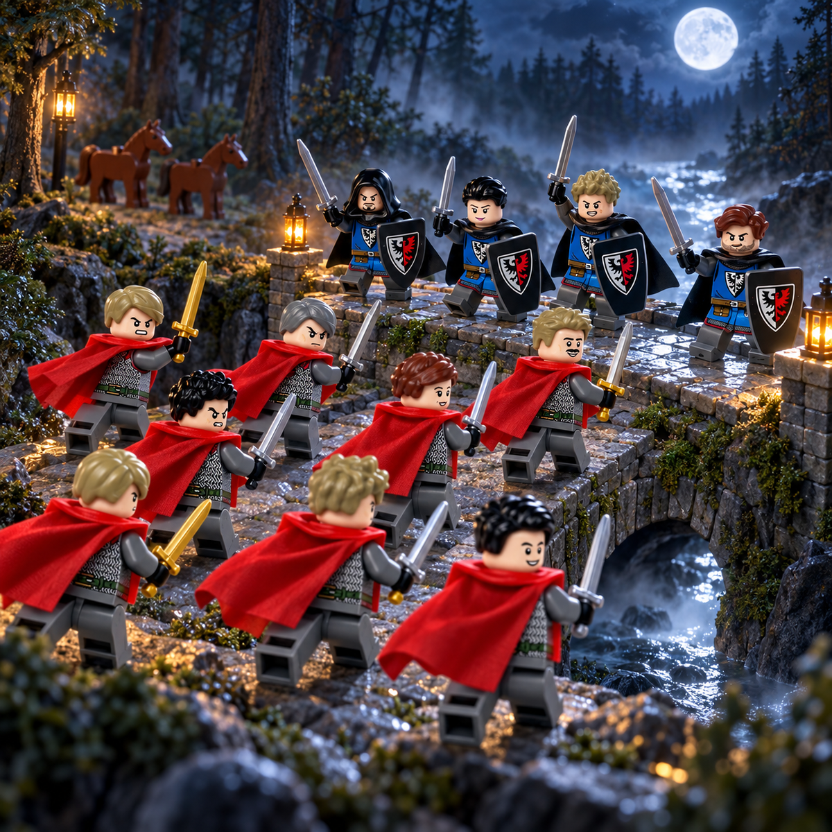 Medieval Knights 12 Figure Army Set — twelve knights in a moonlit bridge battle; illustrative scenery not included