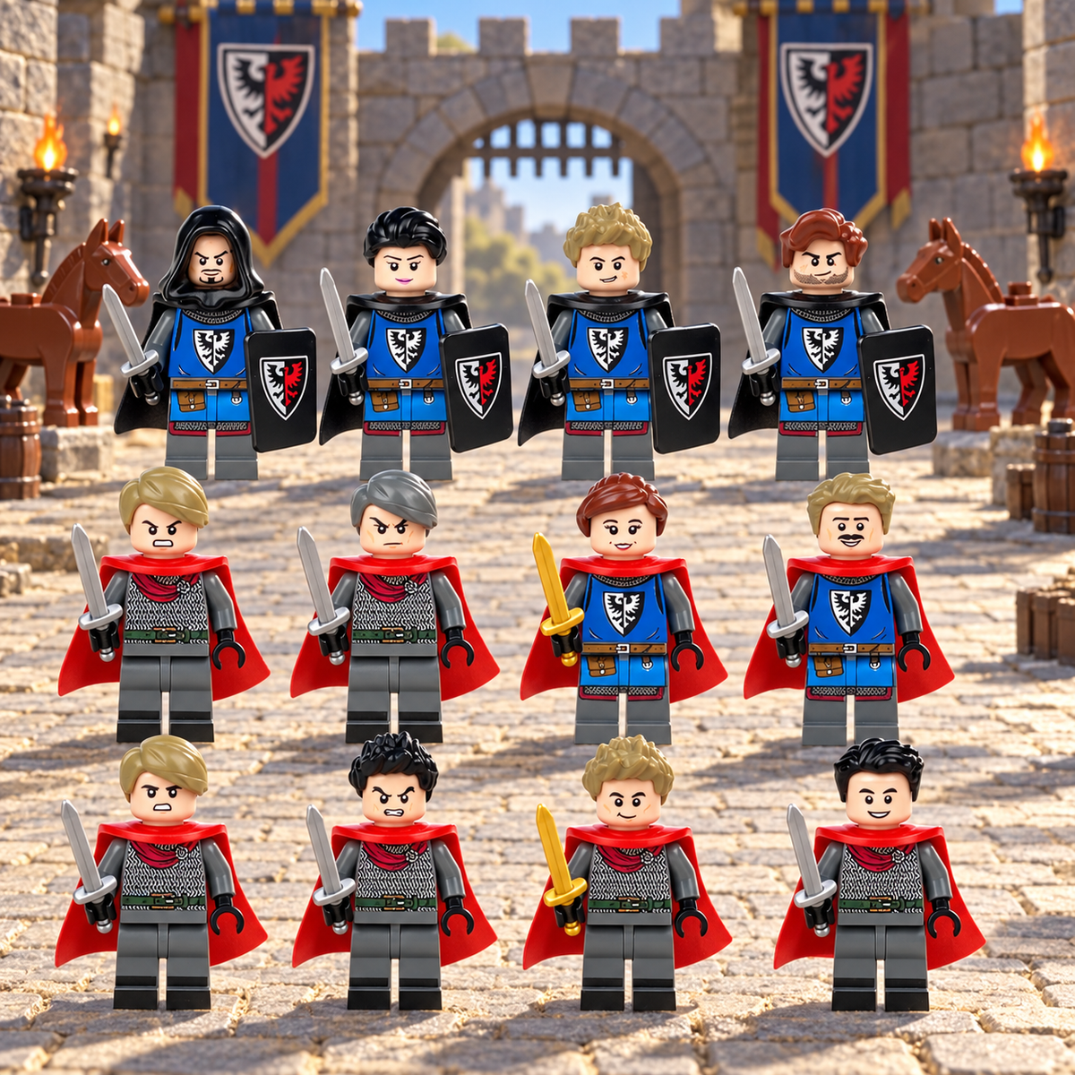 Medieval Knights 12 Figure Army Set — all twelve knights standing in a castle courtyard; illustrative scenery not included