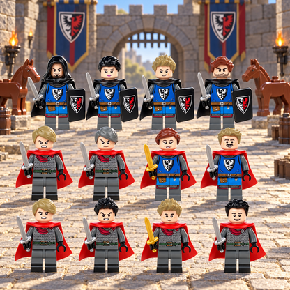 Medieval Knights 12 Figure Army Set — all twelve knights standing in a castle courtyard; illustrative scenery not included