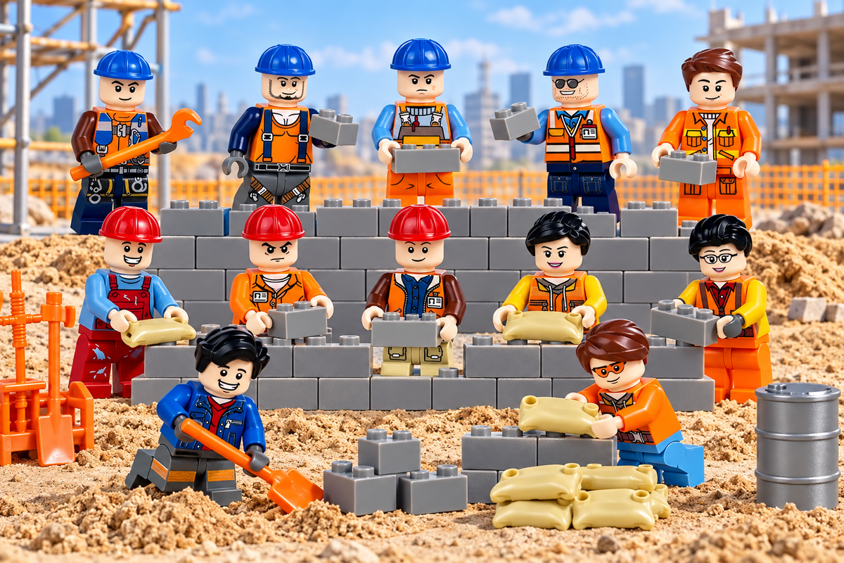 Construction Specialists 12 Figure Set — twelve workers building a brick wall; illustrative scenery not included