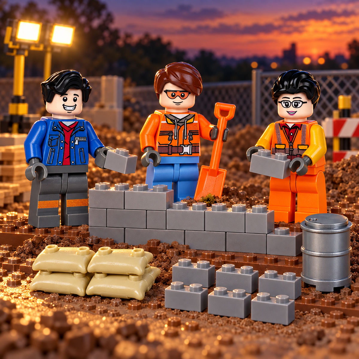 Three construction specialists at a dusk worksite; illustrative scenery not included