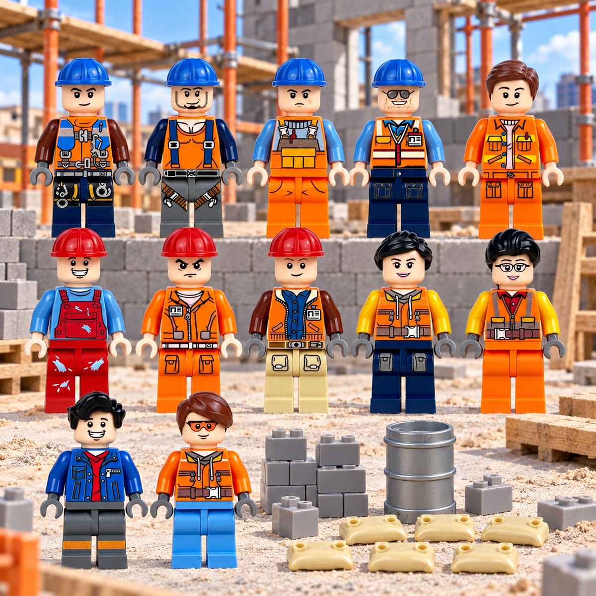 Construction Specialists 12 Figure Set — all twelve workers standing at a construction site; illustrative scenery not included
