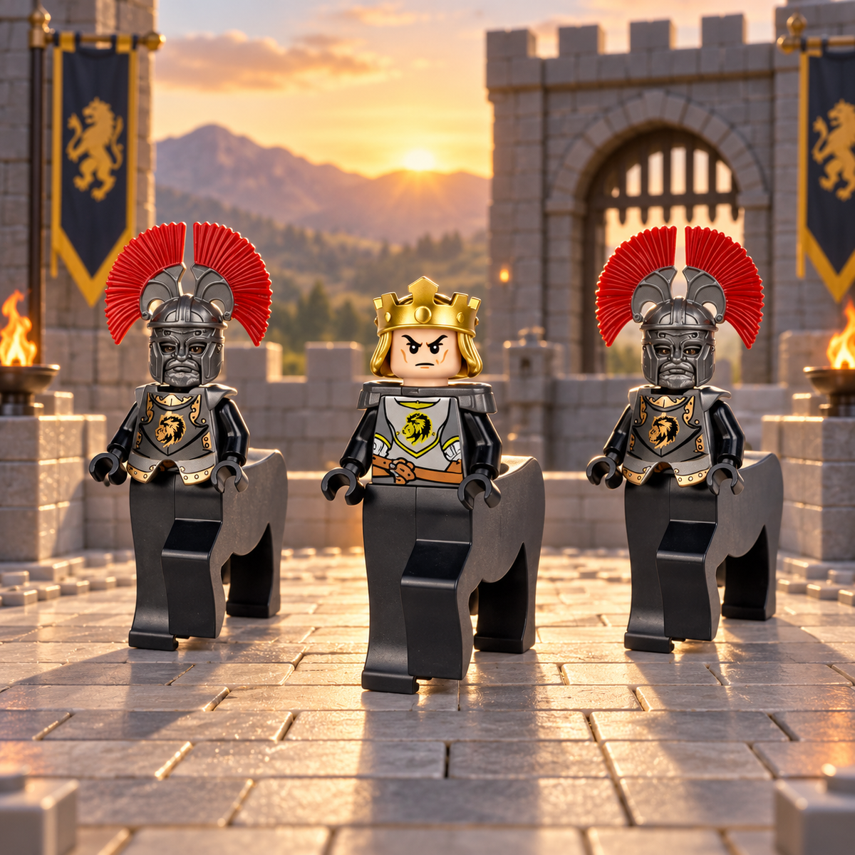 Three centaur warriors standing in a fortress courtyard; illustrative scenery not included