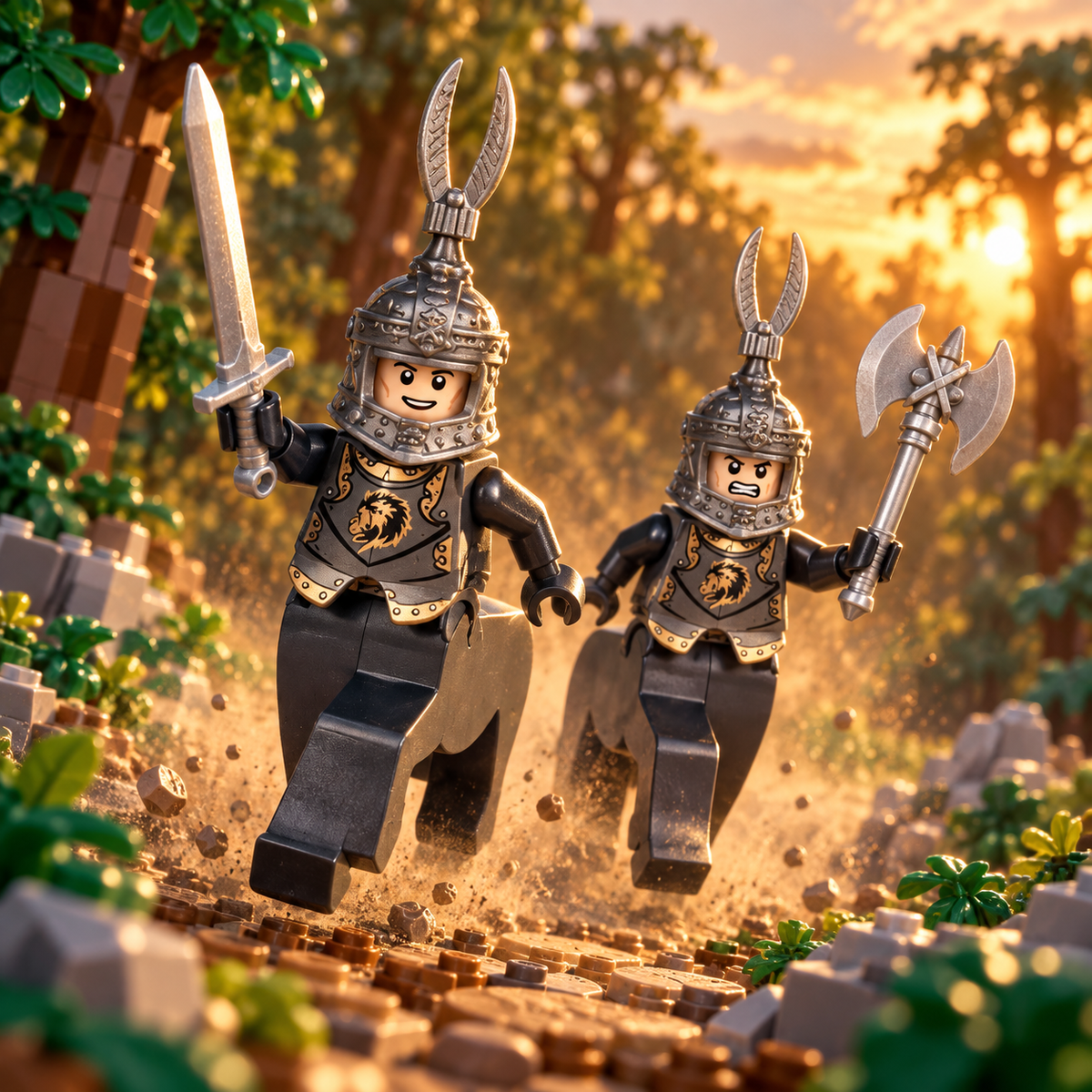 Two centaur warriors charging along a forest trail; illustrative scenery not included
