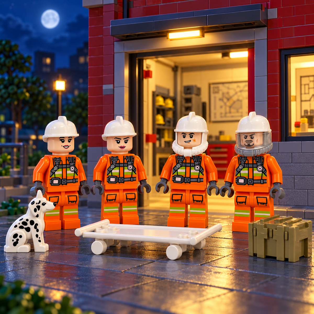 Four firefighters checking equipment at night; illustrative scenery not included
