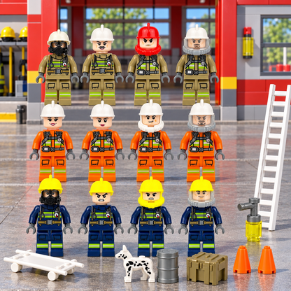 Firefighter team standing outside a station; illustrative scenery not included