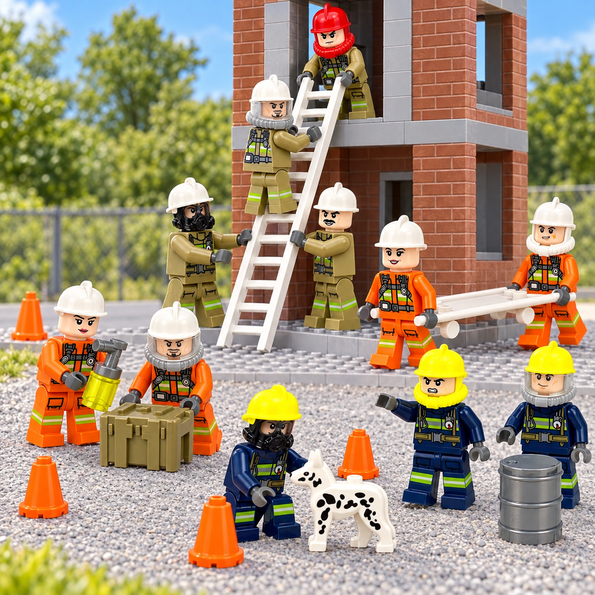 Firefighters practising a rescue at a training tower; illustrative scenery not included