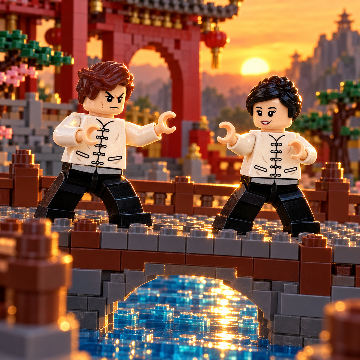 Kung Fu Martial Artists in a decorative brick-built sparring scene. Scenery not included.