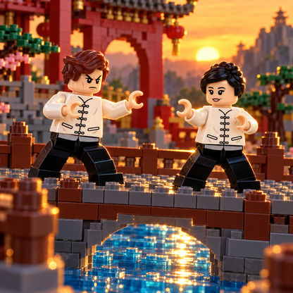 Kung Fu Martial Artists in a decorative brick-built sparring scene. Scenery not included.