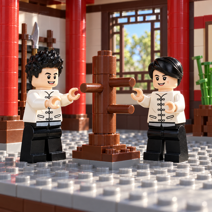 Kung Fu Martial Artists practicing beside a training dummy in a decorative brick-built dojo. Scenery not included.