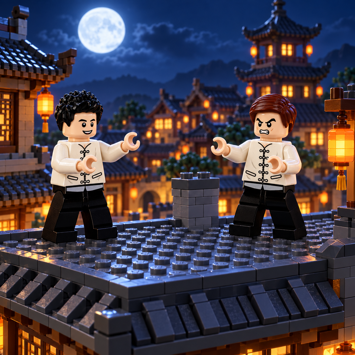 Kung Fu Martial Artists in a decorative brick-built sparring scene. Scenery not included.