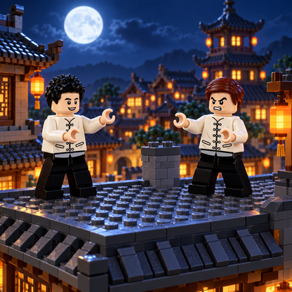 Kung Fu Martial Artists in a decorative brick-built sparring scene. Scenery not included.
