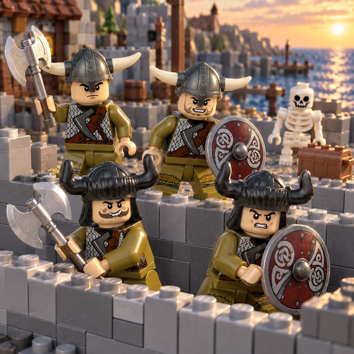 Four Viking warrior minifigures defending a brick-built coastal barricade