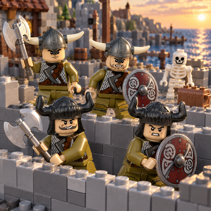 Four Viking warrior minifigures defending a brick-built coastal barricade