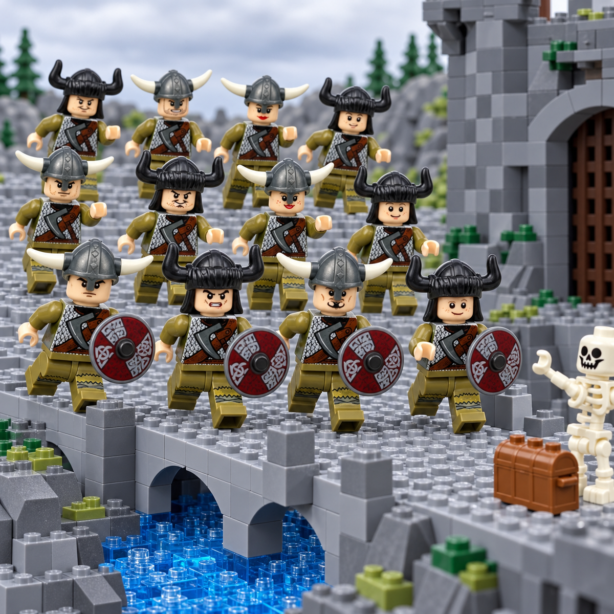 Twelve Viking warrior minifigures advancing across a brick-built bridge with a skeleton