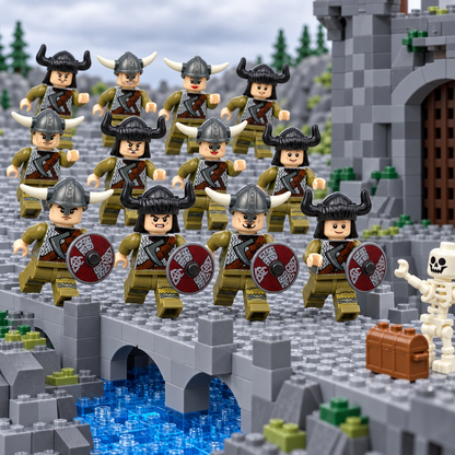 Twelve Viking warrior minifigures advancing across a brick-built bridge with a skeleton