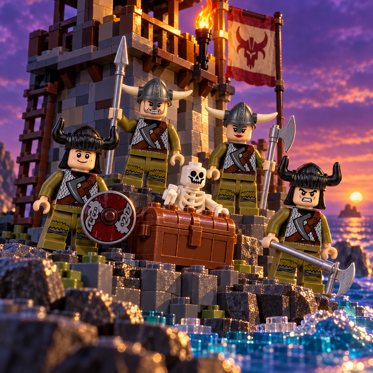 Viking Warriors guarding a decorative brick-built coastal watchtower. Scenery not included.