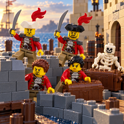 Four redcoat pirate minifigures defending treasure at a brick-built harbor