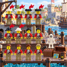 Twelve redcoat pirate minifigures and a skeleton at a brick-built harbor