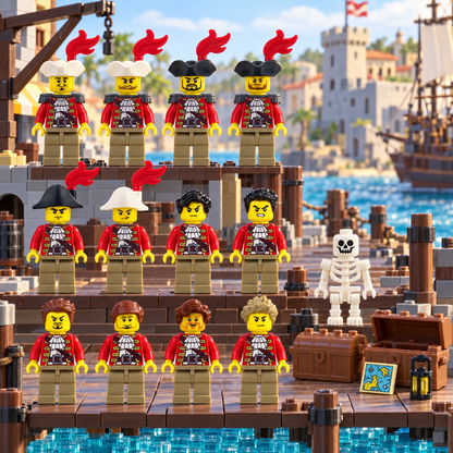 Twelve redcoat pirate minifigures and a skeleton at a brick-built harbor