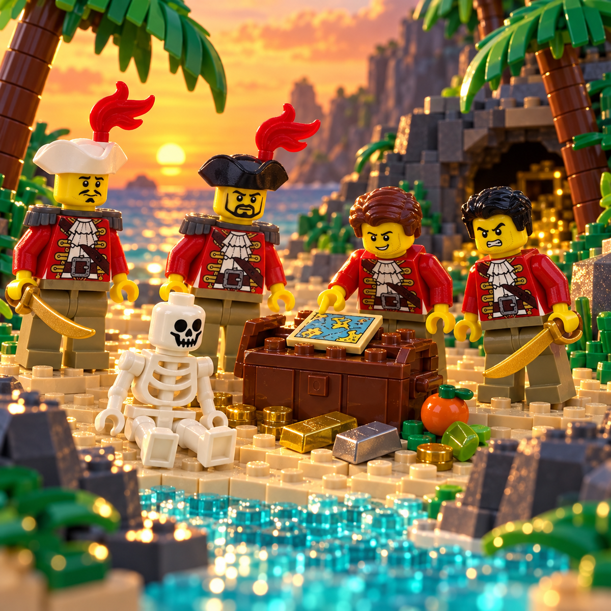 Redcoat Marine Pirates exploring a decorative brick-built treasure cove. Scenery not included.