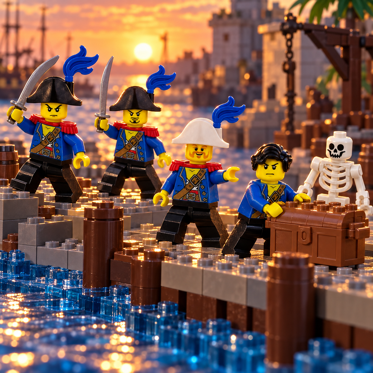 Four bluecoat pirate minifigures defending treasure at a brick-built harbor