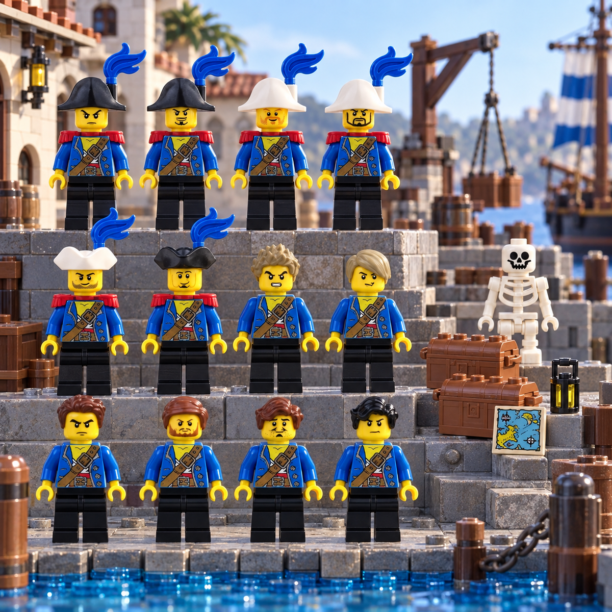 Twelve bluecoat pirate minifigures with a skeleton on brick-built harbor steps