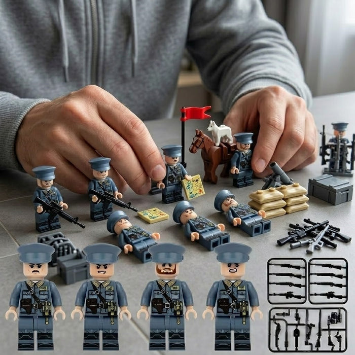 Close view of the WWII military police uniform, helmet and armband printing