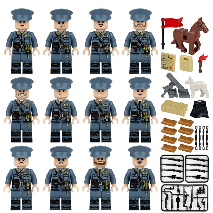 WWII military police minifigures shown together in uniform with their included equipment