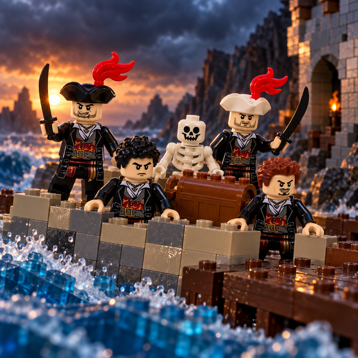 Four pirate captain minifigures defending treasure in a brick-built stormy cove