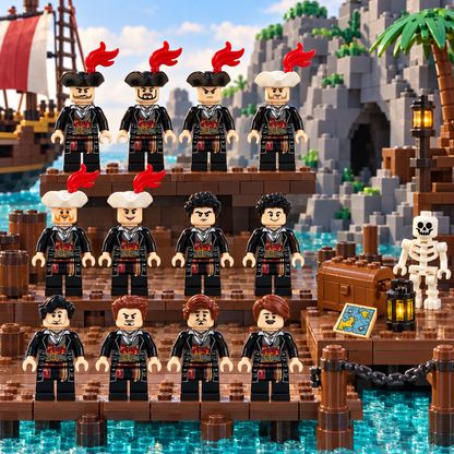 Twelve pirate captain minifigures with a skeleton in a brick-built cove