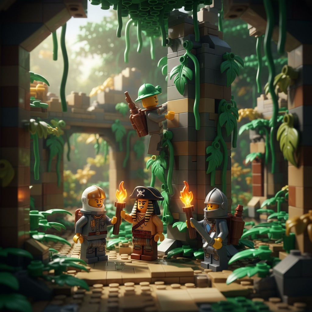 Five mixed theme minifigures exploring a brick built jungle temple with torches