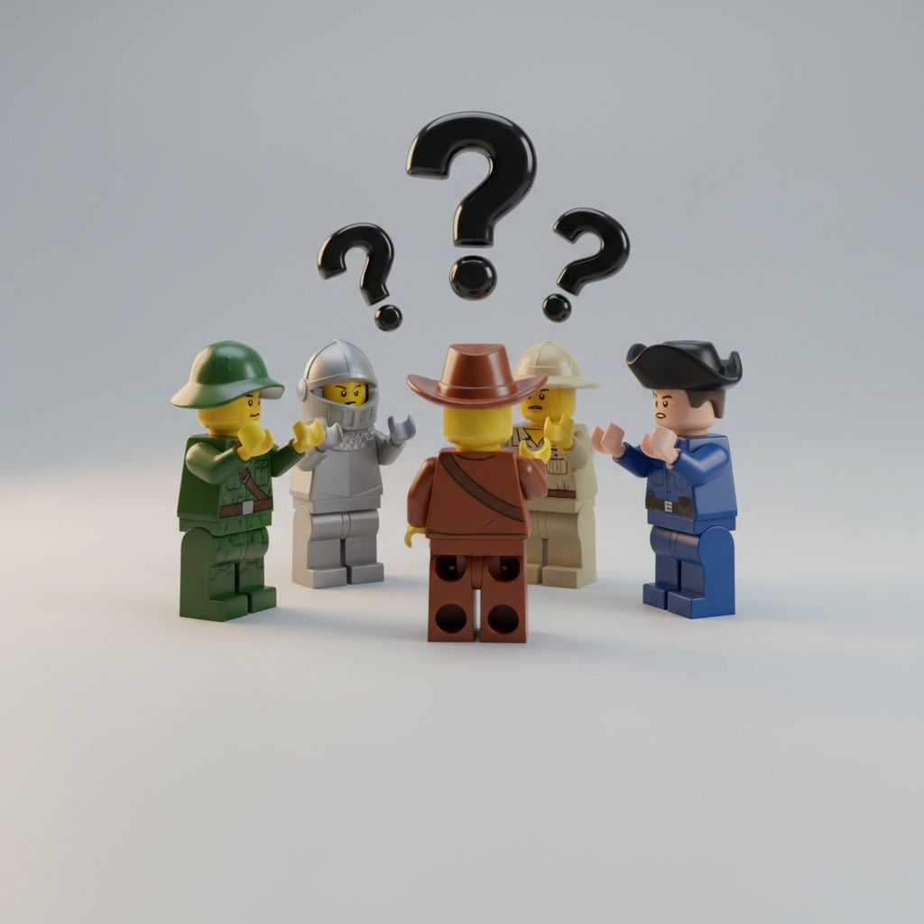 Mixed theme minifigures standing in a circle talking with question marks above them