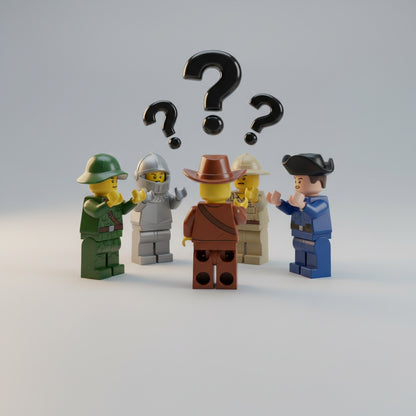 Mixed theme minifigures standing in a circle talking with question marks above them