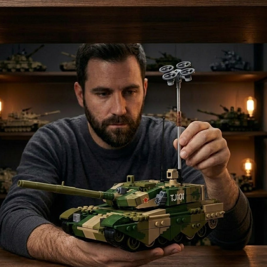Camouflage Battle Tank with Surveillance Drone Building Brick Model