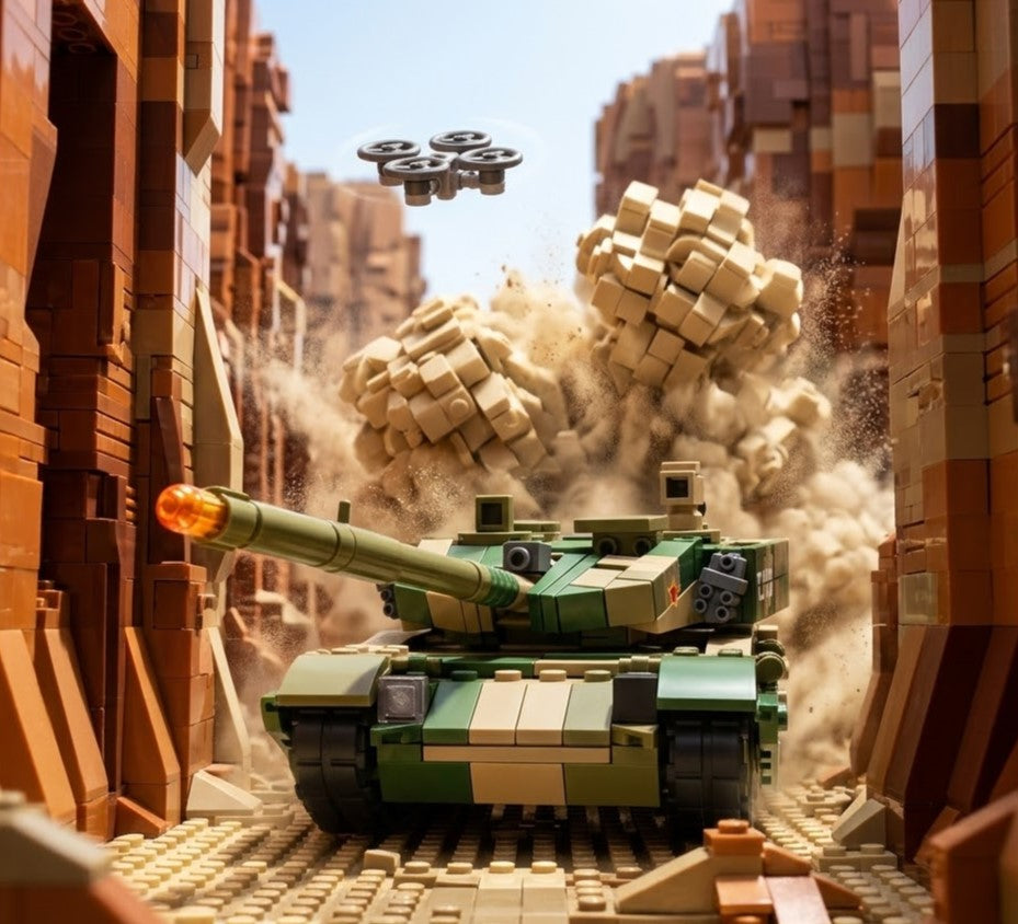 Camouflage Battle Tank with Surveillance Drone Building Brick Model