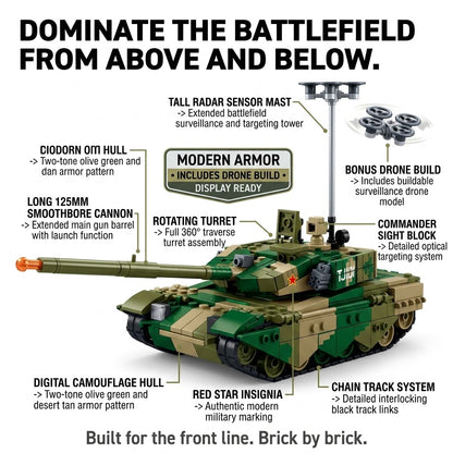 Camouflage Battle Tank with Surveillance Drone Building Brick Model
